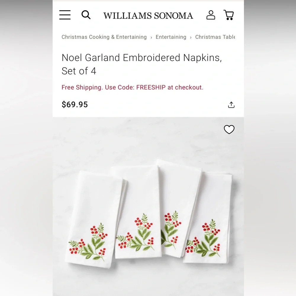 Williams Sonoma Noel Garland Embroidered Cloth Napkins Set - Holiday Christmas